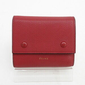 Celine Folded Tri fold Compact Wallet Red Leather